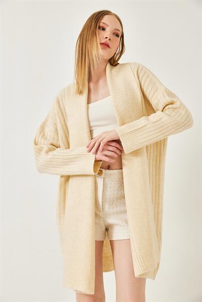 Geniş Kesim Fitilli Triko Hırka - Ekru