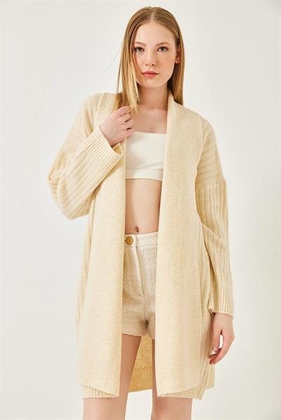 Geniş Kesim Fitilli Triko Hırka - Ekru