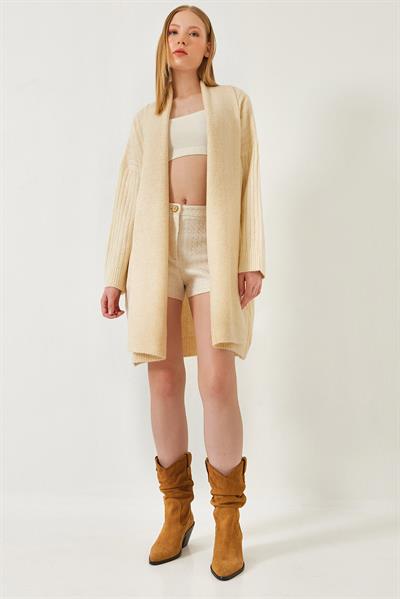 Geniş Kesim Fitilli Triko Hırka - Ekru