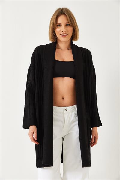 Geniş Kesim Fitilli Triko Hırka - Siyah