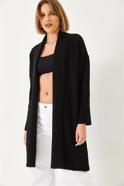 Geniş Kesim Fitilli Triko Hırka - Siyah