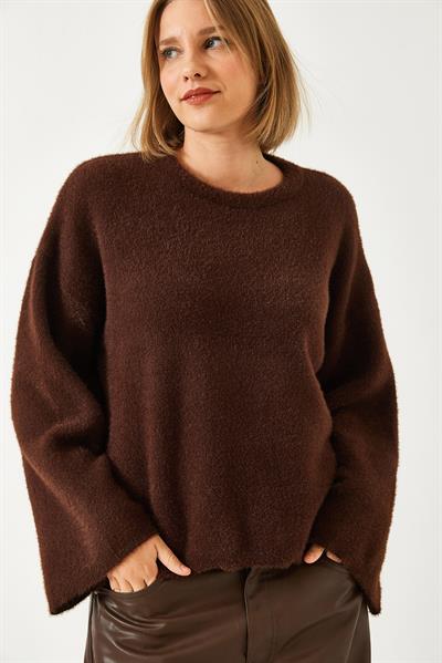Kadın Geniş Kol Sakallı Oversize Yumoş Kazak 60261119 - Kahverengi