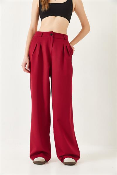 Kadın Geniş Paça Maskülen Dokuma Pantolon 60271019 - Bordo