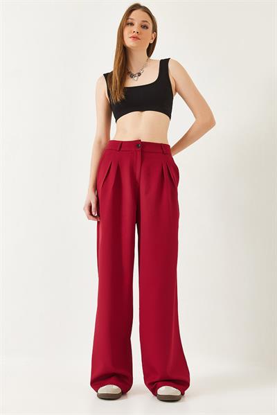 Kadın Geniş Paça Maskülen Dokuma Pantolon 60271019 - Bordo