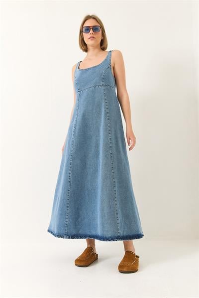 Kadın Geniş Yaka Askılı Kloş Denim Elbise 6069 60281038 - Buz Mavisi