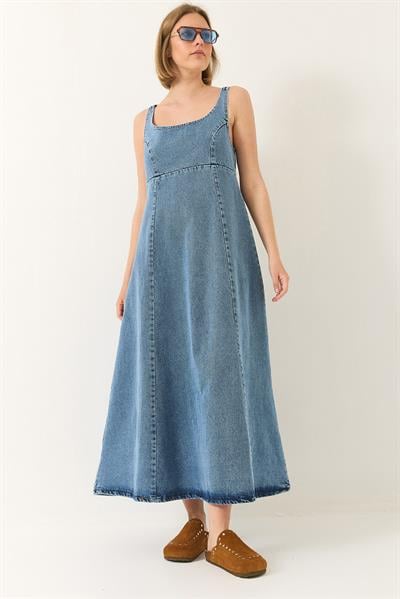 Kadın Geniş Yaka Askılı Kloş Denim Elbise 6069 60281038 - Buz Mavisi