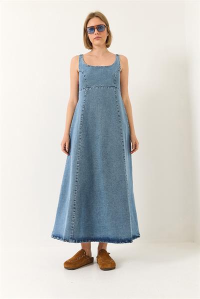Kadın Geniş Yaka Askılı Kloş Denim Elbise 6069 60281038 - Buz Mavisi