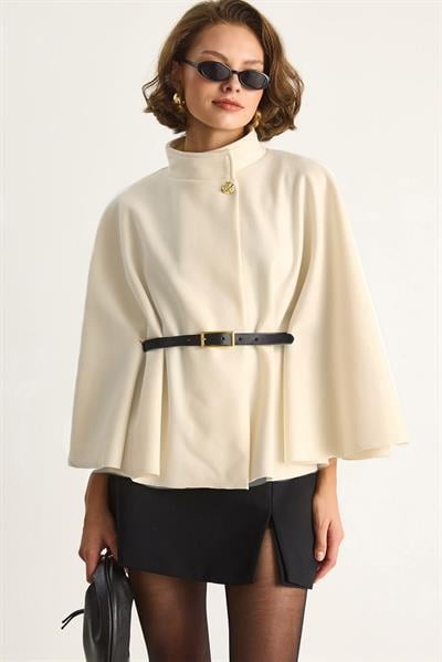 Gold Düğme Detaylı Kemerli Panço 2712  60261570 - Krem DIŞ GİYİM modelleri