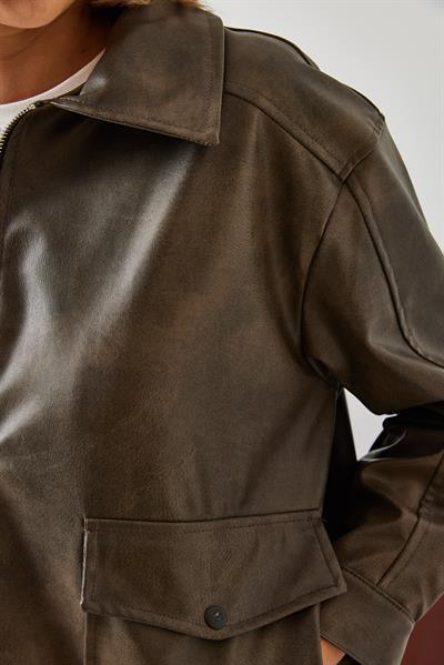 Gömlek Yaka Eskitme Deri Ceket 2609 60351264 - Vizon