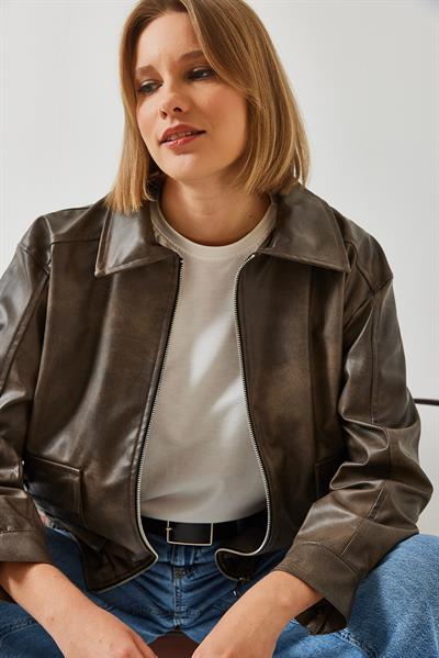 Gömlek Yaka Eskitme Deri Ceket 2609 60351264 - Vizon