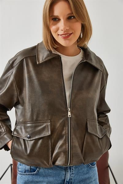 Gömlek Yaka Eskitme Deri Ceket 2609 60351264 - Vizon