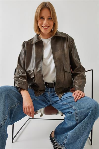 Gömlek Yaka Eskitme Deri Ceket 2609 60351264 - Vizon