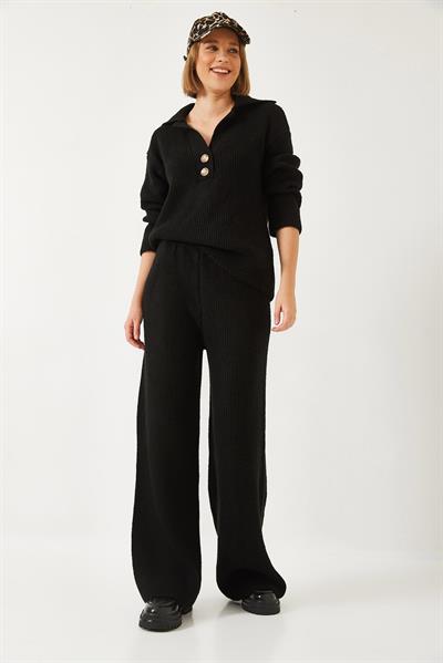 Kadın Gömlek Yaka Kalın Triko Alt Üst Takım 60261313 - Siyah