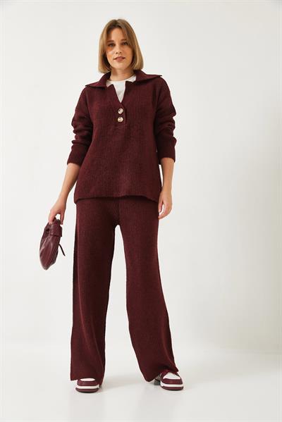 Kadın Gömlek Yaka Kalın Triko Alt Üst Takım 60261313 - Bordo