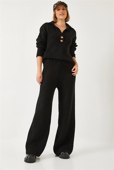 Kadın Gömlek Yaka Kalın Triko Alt Üst Takım 60261313 - Siyah