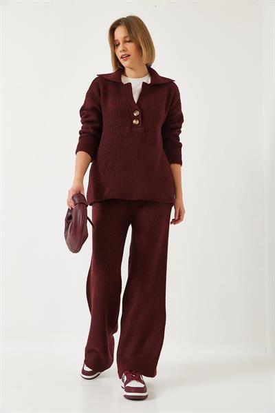Kadın Gömlek Yaka Kalın Triko Alt Üst Takım 60261313 - Bordo