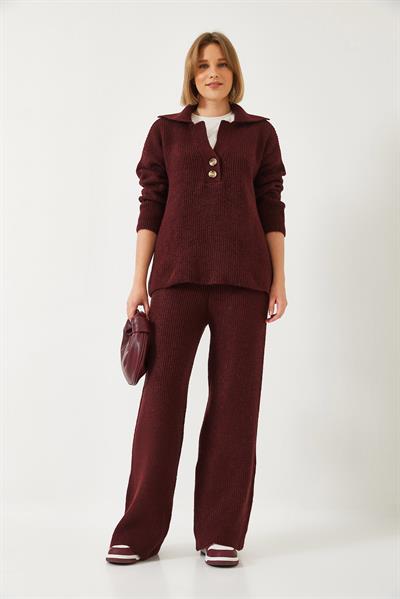 Kadın Gömlek Yaka Kalın Triko Alt Üst Takım 60261313 - Bordo