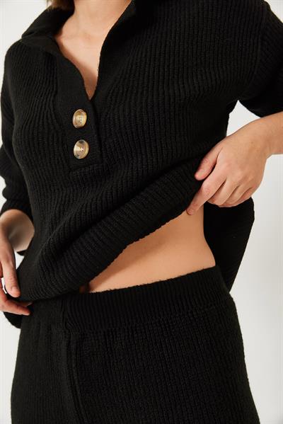 Kadın Gömlek Yaka Kalın Triko Alt Üst Takım 60261313 - Siyah