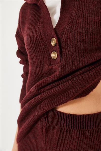 Kadın Gömlek Yaka Kalın Triko Alt Üst Takım 60261313 - Bordo