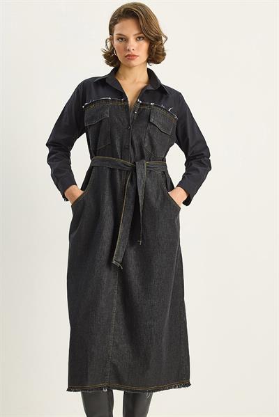 Kadın Gömlek Yaka Kemerli Denim Elbise 8171 60351337 - Siyah-Antrasit