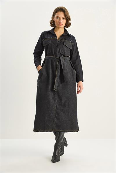 Kadın Gömlek Yaka Kemerli Denim Elbise 8171 60351337 - Siyah-Antrasit