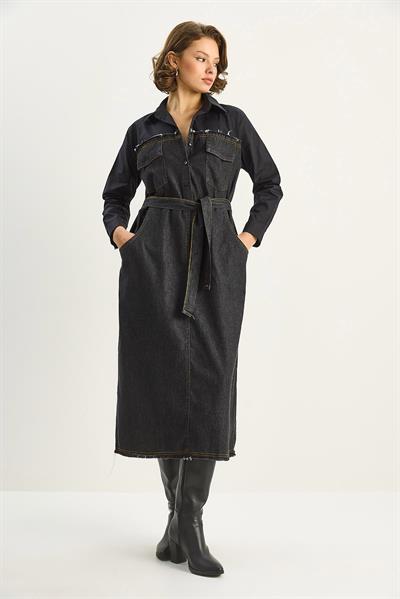 Kadın Gömlek Yaka Kemerli Denim Elbise 8171 60351337 - Siyah-Antrasit