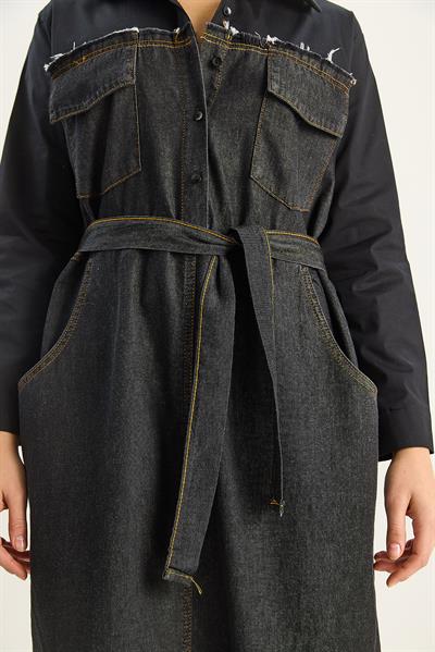Kadın Gömlek Yaka Kemerli Denim Elbise 8171 60351337 - Siyah-Antrasit
