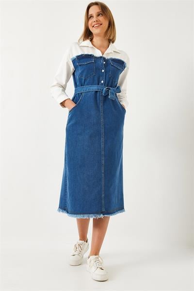 Kadın Gömlek Yaka Kemerli Denim Elbise 8171 60351337 - Beyaz