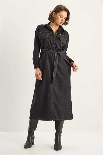 Kadın Gömlek Yaka Kemerli Denim Elbise 8171 60351337 - Siyah-Antrasit