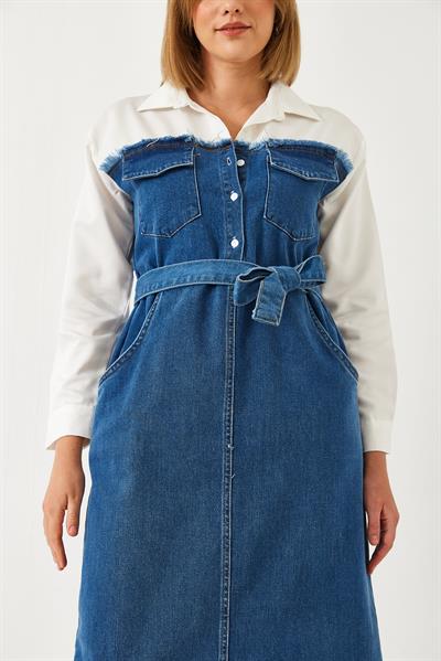 Kadın Gömlek Yaka Kemerli Denim Elbise 8171 60351337 - Beyaz