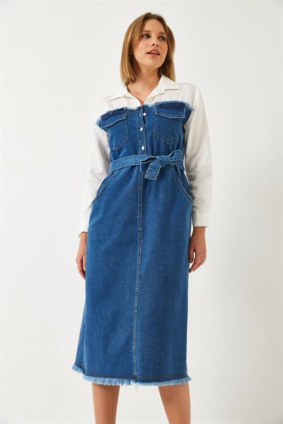 Kadın Gömlek Yaka Kemerli Denim Elbise 8171 60351337 - Beyaz