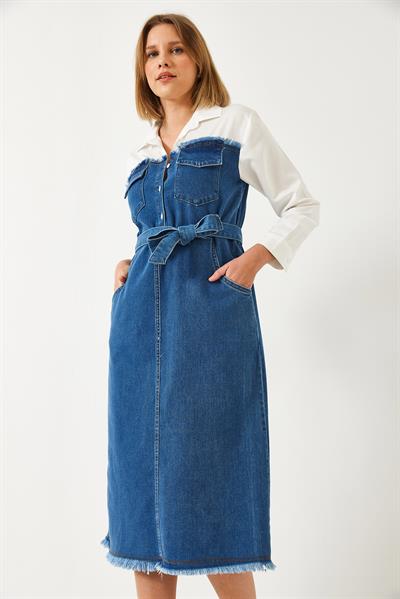 Kadın Gömlek Yaka Kemerli Denim Elbise 8171 60351337 - Beyaz