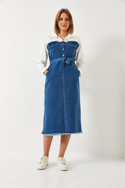 Kadın Gömlek Yaka Kemerli Denim Elbise 8171 60351337 - Beyaz