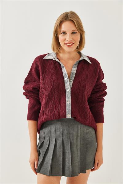 Gömlekli Patlı Triko Hırka 241062 60251961 - Bordo