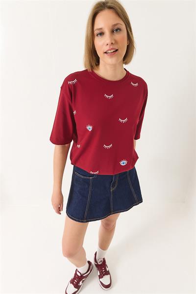Kadın Göz Baskılı Kısa Kollu Pamuklu Oversize T-Shirt 60283184 - Bordo