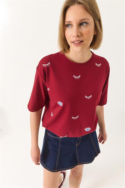 Kadın Göz Baskılı Kısa Kollu Pamuklu Oversize T-Shirt 60283184 - Bordo