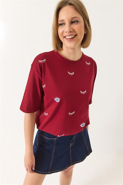Kadın Göz Baskılı Kısa Kollu Pamuklu Oversize T-Shirt 60283184 - Bordo
