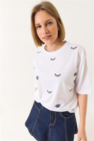 Kadın Göz Baskılı Kısa Kollu Pamuklu Oversize T-Shirt 60283184 - Beyaz