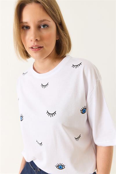 Kadın Göz Baskılı Kısa Kollu Pamuklu Oversize T-Shirt 60283184 - Beyaz