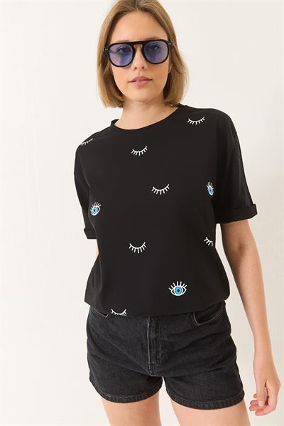 Kadın Göz Baskılı Kısa Kollu Pamuklu Oversize T-Shirt 60283184 - Siyah