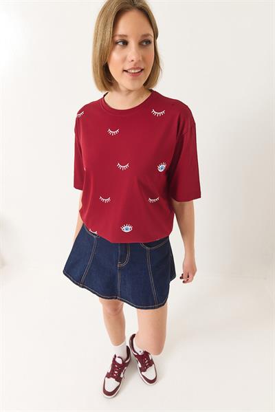 Kadın Göz Baskılı Kısa Kollu Pamuklu Oversize T-Shirt 60283184 - Bordo