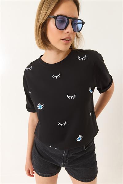 Kadın Göz Baskılı Kısa Kollu Pamuklu Oversize T-Shirt 60283184 - Siyah