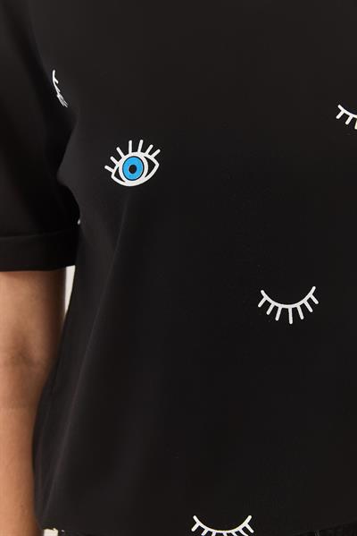 Kadın Göz Baskılı Kısa Kollu Pamuklu Oversize T-Shirt 60283184 - Siyah