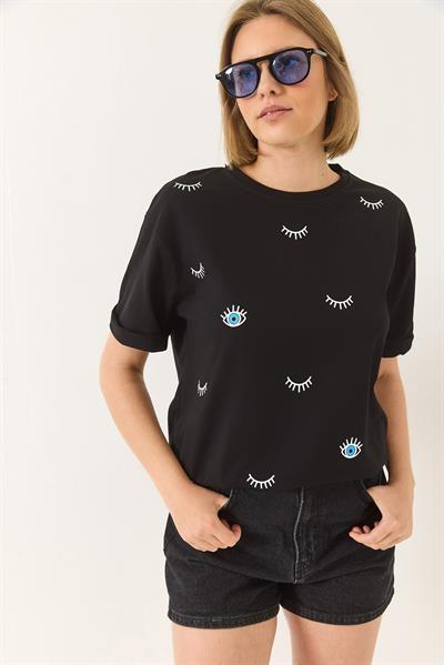 Kadın Göz Baskılı Kısa Kollu Pamuklu Oversize T-Shirt 60283184 - Siyah
