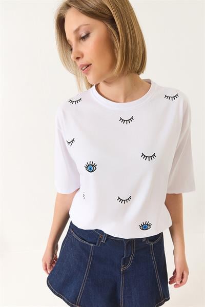 Kadın Göz Baskılı Kısa Kollu Pamuklu Oversize T-Shirt 60283184 - Beyaz