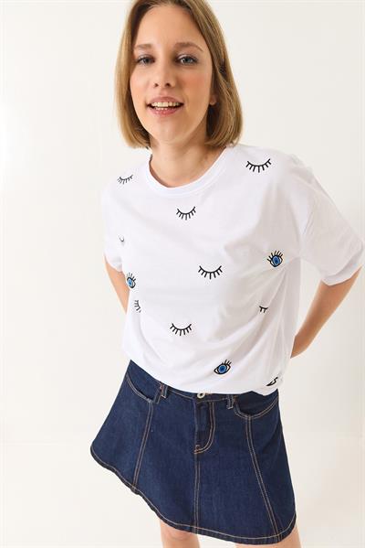 Kadın Göz Baskılı Kısa Kollu Pamuklu Oversize T-Shirt 60283184 - Beyaz