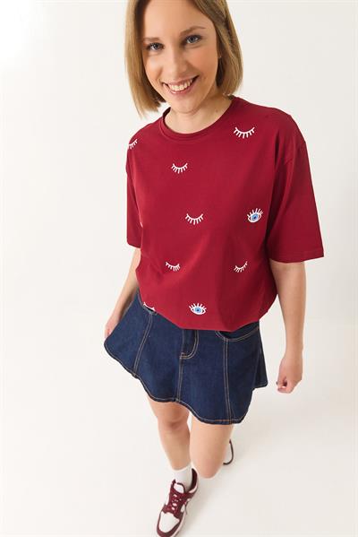 Kadın Göz Baskılı Kısa Kollu Pamuklu Oversize T-Shirt 60283184 - Bordo