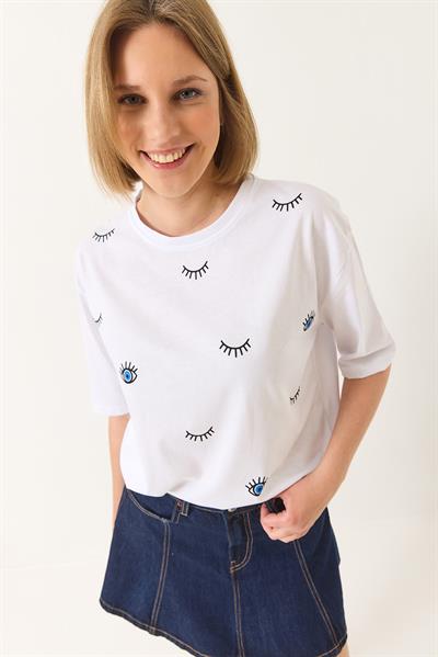 Kadın Göz Baskılı Kısa Kollu Pamuklu Oversize T-Shirt 60283184 - Beyaz