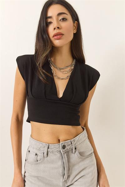 Kadın Hafif Dekolteli Crop Bluz 60284037 - Siyah