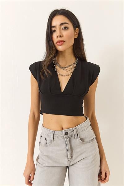 Kadın Hafif Dekolteli Crop Bluz 60284037 - Siyah